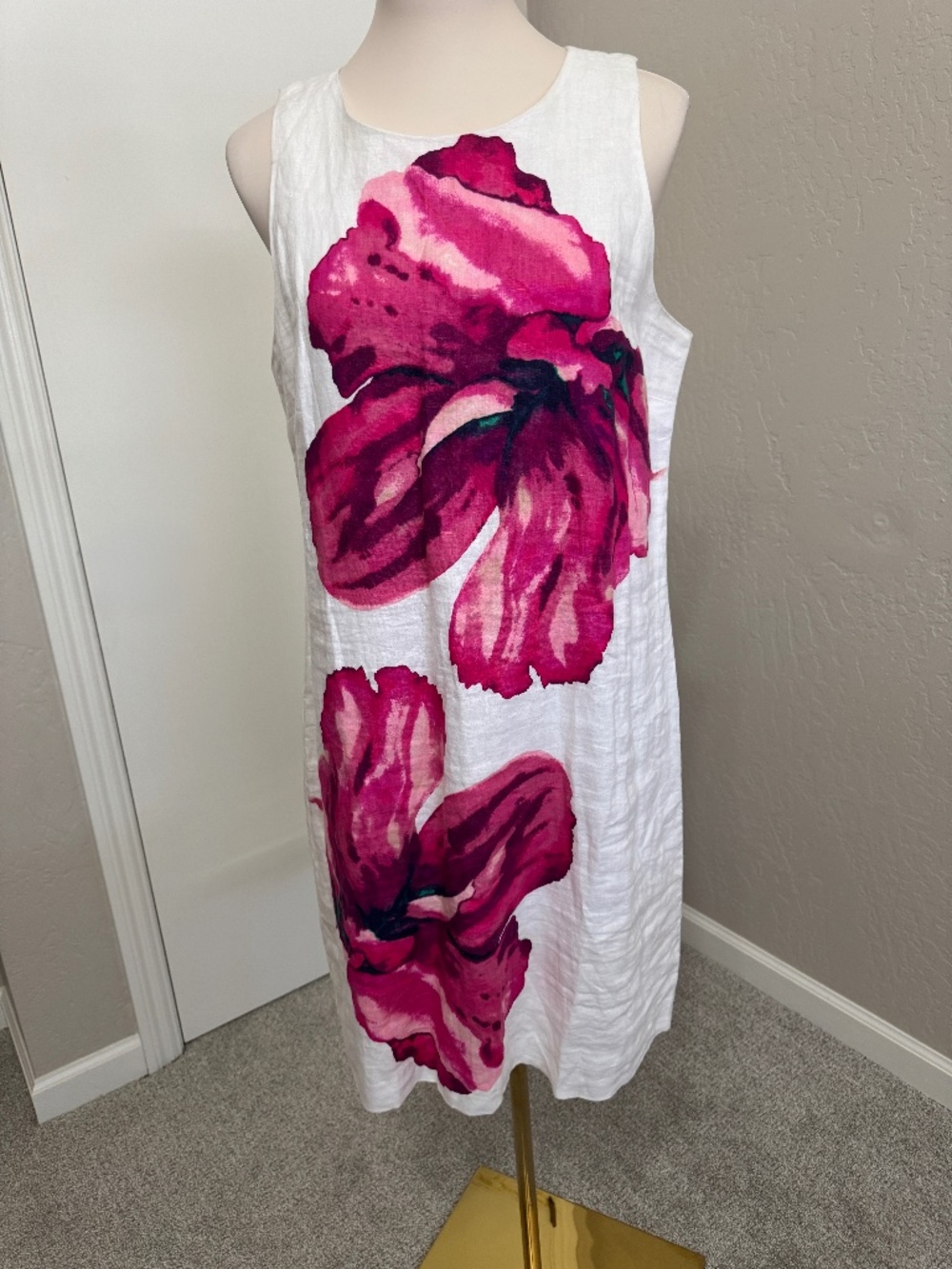🌺  Bahama Paint By Rumba Linen Floral Shift Dress M Pink White Pockets